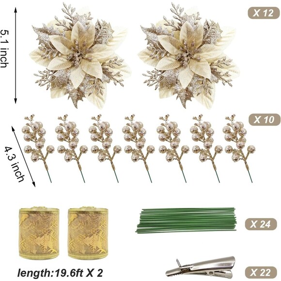 24Pcs Christmas Decorations Sets, 12Pcs Poinsettias Artificial See Desription!!! - Picture 1 of 1